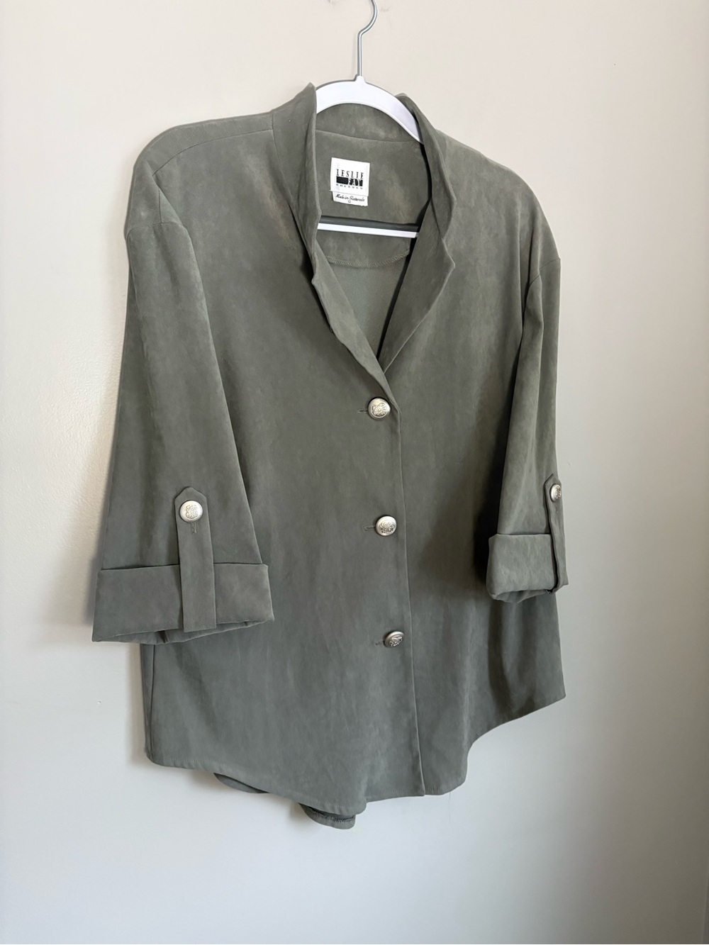 Vtg 90s Leslie Fay Sage Faux Suede Button Front Blazer Minimalist Academia Sz 10